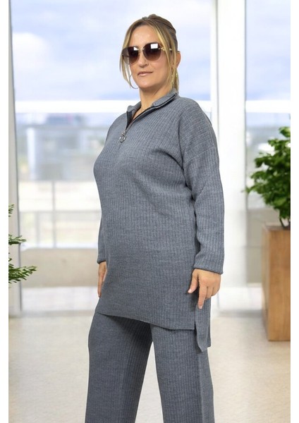 Yarım Fermuarlı Fitilli Akrilik Kumaş Büyük Beden Alt Üst Takım