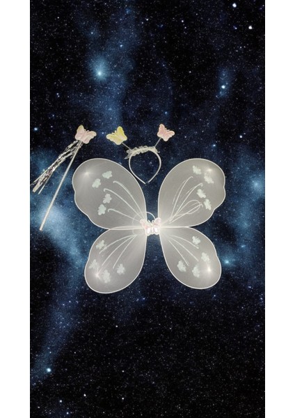 Kelebek Taç Asa Set Beyaz