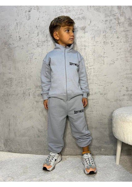 Oversize Gri Çocuk Takımı %100 Pamuk 3 Iplik - Fermuarlı Sweatshirt, Pantolon