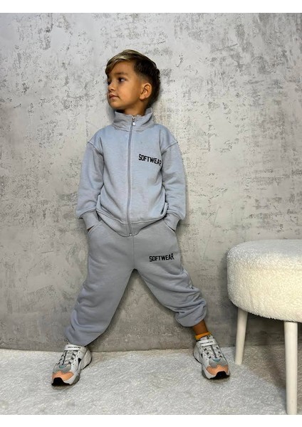 Oversize Gri Çocuk Takımı %100 Pamuk 3 Iplik - Fermuarlı Sweatshirt, Pantolon