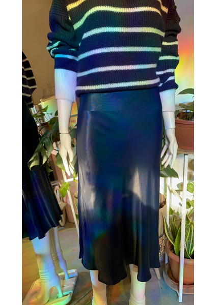 Butik Kadın, Beli Lastikli, Yüksek Bel, Verev Kesim Midi Saten Etek modelleri
