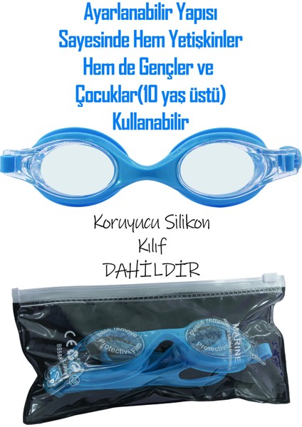 2li Set Boneli Yetişkin Yüzücü Gözlüğü Kılıflı Su Geçirmez Yüzme Havuz Deniz Gözlük Mavi 1015