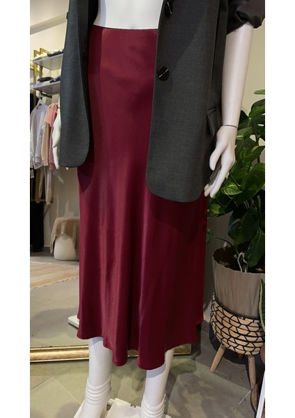Butik Kadın, Beli Lastikli, Yüksek Bel, Verev Kesim Midi Saten Etek