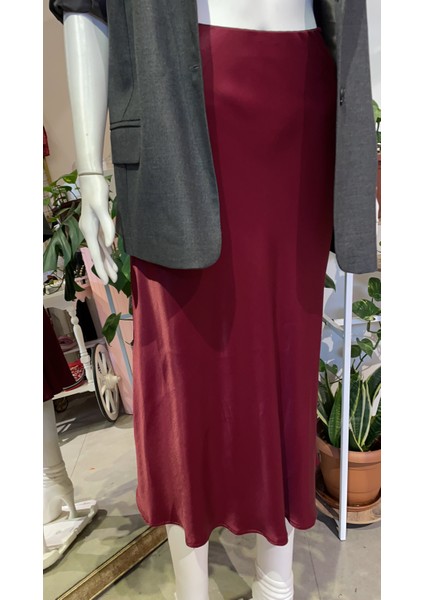 Butik Kadın, Beli Lastikli, Yüksek Bel, Verev Kesim Midi Saten Etek fırsatları