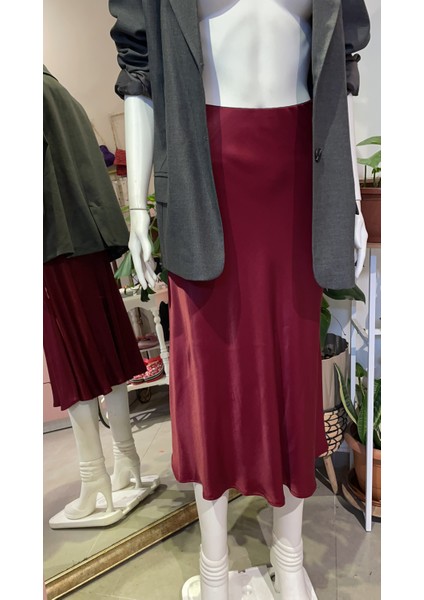 Butik Kadın, Beli Lastikli, Yüksek Bel, Verev Kesim Midi Saten Etek indirimleri