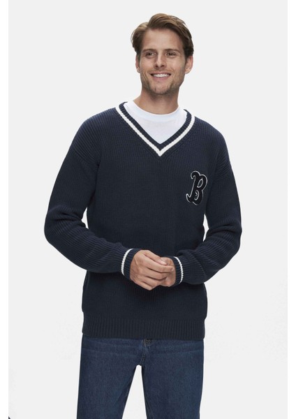 Heyoka Lacivert Bisiklet Yaka Nakışlı Loose Fit Erkek Triko