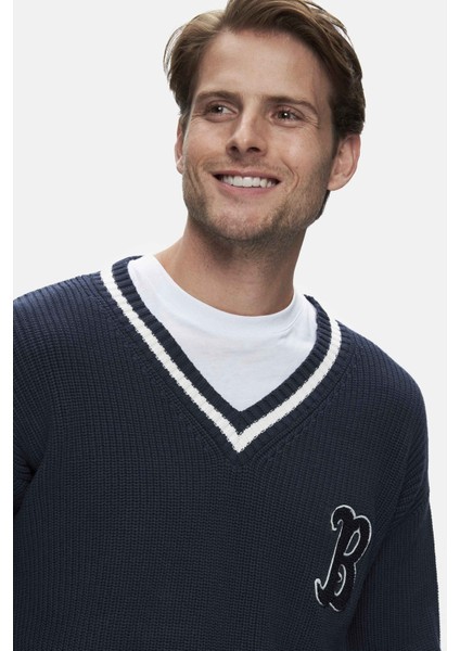 Heyoka Lacivert Bisiklet Yaka Nakışlı Loose Fit Erkek Triko fiyatları