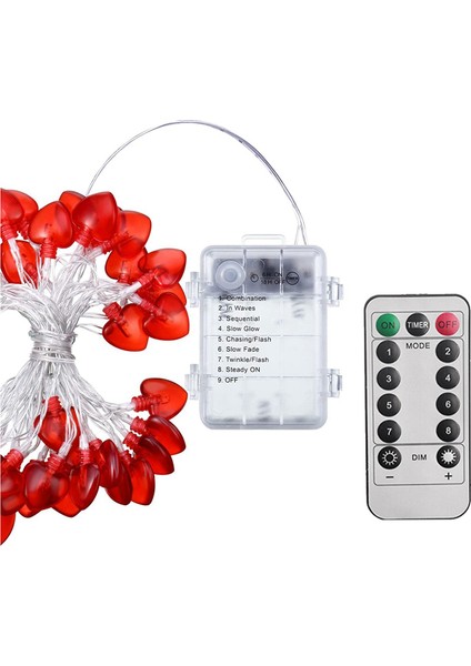 40 Led'li Gündüz Kalp Şeklinde Dize Işık, 3D Pembe Kalp Şeklinde Pille Çalışan 8 Modlu Dize Lamba (Kırmızı) (Yurt Dışından)