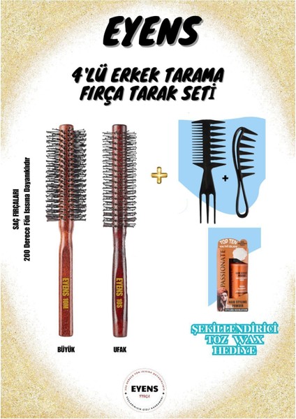 Erkek Tarama Fırça Tarak Seti 4'lü + Şekillendirici Toz Wax Hediyeli