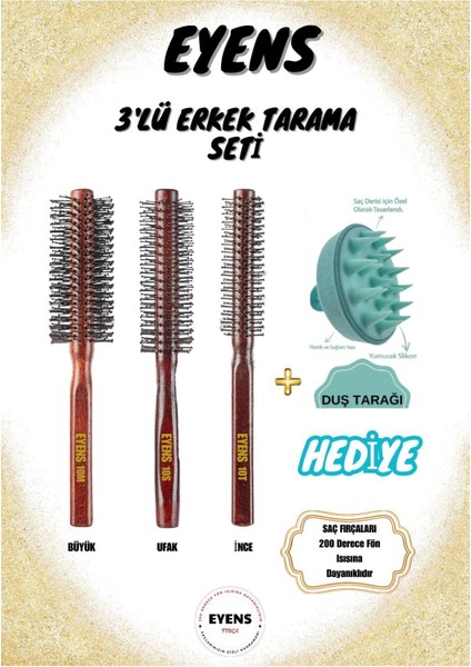 3'Lü Erkek Tarama Seti + Duş Masaj Tarağı (Saç Fırçaları 200 Derece Fön Isısına Dayanıklıdır)