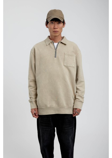 Krem Tek Cepli Yarım Fermuarlı Yıkamalı Sweatshirt