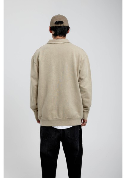 Krem Tek Cepli Yarım Fermuarlı Yıkamalı Sweatshirt fiyatları