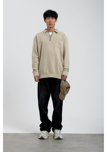 Krem Tek Cepli Yarım Fermuarlı Yıkamalı Sweatshirt modelleri