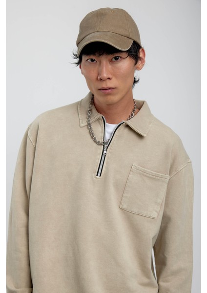 Krem Tek Cepli Yarım Fermuarlı Yıkamalı Sweatshirt fırsatları