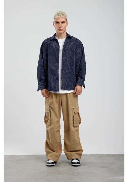 Mavi Oversize Fitilli Kadife Gömlek