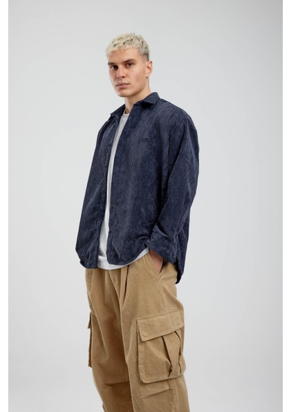 Mavi Oversize Fitilli Kadife Gömlek