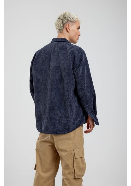 Mavi Oversize Fitilli Kadife Gömlek
