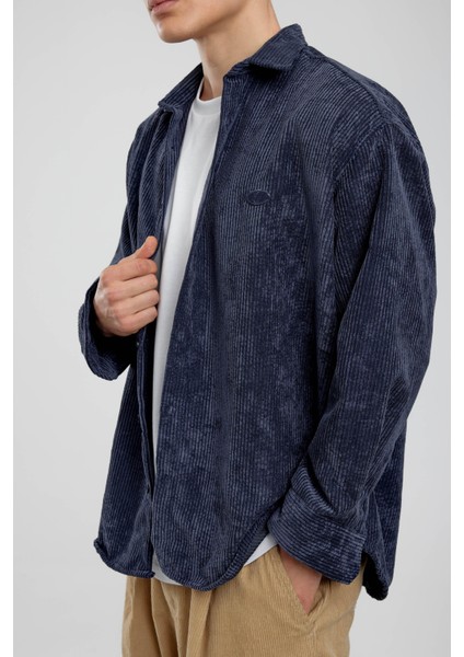 Mavi Oversize Fitilli Kadife Gömlek