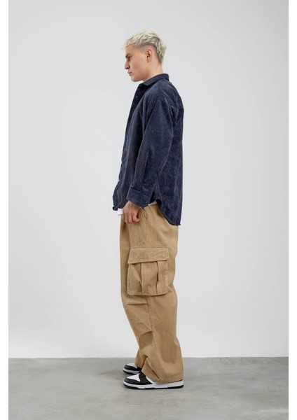 Mavi Oversize Fitilli Kadife Gömlek