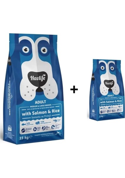 Orta ve Büyük Irk Somonlu Yetişkin Köpek Maması 15 kg + 1 Adet Havlife Orta ve Büyük Irk Somonlu Yetişkin Köpek Maması 3 kg