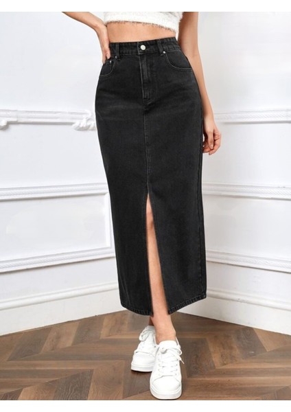 2100-ETK Kadın Likralı Önden Yırtmaçlı Jeans Kot Denim Uzun Etek