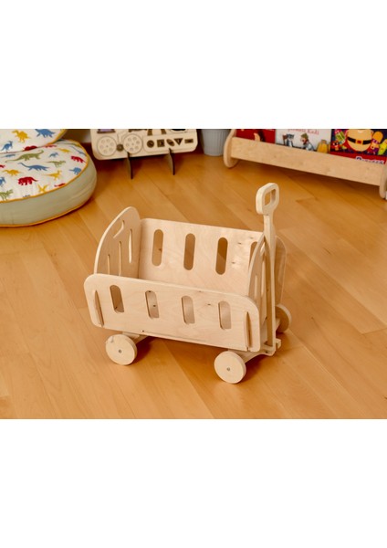 Montessori Ahşap Oyuncak Kutusu | Tekerlekli Dekoratif Ahşap Kolay Taşınabilir Oyuncak Kutusu