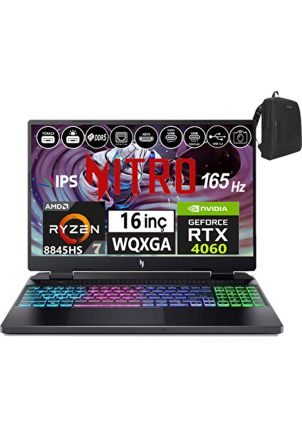 Nitro 16 AN16-42 Amd R7 8845HS Aı 24GB Ddr5 512GB SSD 8GB/RTX4060 Freedos 16" 165Hz Wqxga IPS Taşınabilir Bilgisayar WNHQSKEY00101+WEBLEGELSINÇANTA