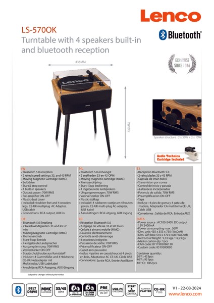 LS-570OK - Dahili Hoparlörlü ve Bluetooth®'lu - Ayaklı- Meşe Görünüm - (Avrupa Kalitesi) (Pikap) indirimleri