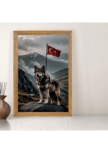 Türk Bayrağı, Türkçü, Bozkurt Tablo, Çerçeveli Cam Tablo 30X45 cm