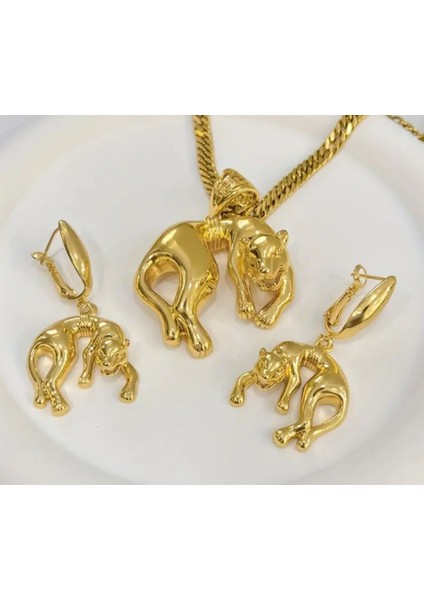 SE Jewellery 22 Ayar Gold Rengi Gösterişli Hayvan Figürlü Kolye Küpe Set