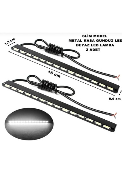 Gündüz LED Ince Model Siyah Metal Kasa Beyaz Işık 12 LED Gündüz Ledi 16CMX1,3CMX0.6 cm 2 Adet