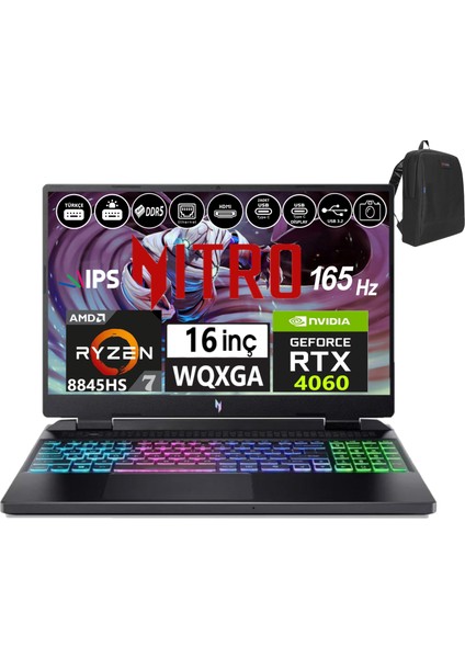 Nitro 16 AN16-42 Amd R7 8845HS Aı 32GB Ddr5 512GB SSD 8GB/RTX4060 Freedos 16" 165Hz Wqxga IPS Taşınabilir Bilgisayar WNHQSKEY00105+WEBLEGELSINÇANTA