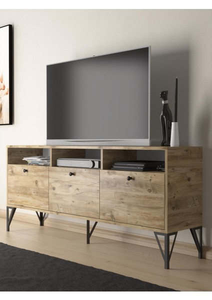 Rhea 160 cm Dolaplı, Minifiks Bağlantı, Geniş Tv Ünitesi - Konsol - Atlantik Çam / Siyah