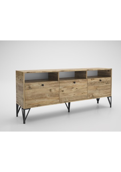 Rhea 160 cm Dolaplı, Minifiks Bağlantı, Geniş Tv Ünitesi - Konsol - Atlantik Çam / Siyah