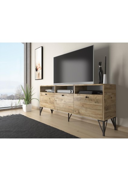 Rhea 160 cm Dolaplı, Minifiks Bağlantı, Geniş Tv Ünitesi - Konsol - Atlantik Çam / Siyah