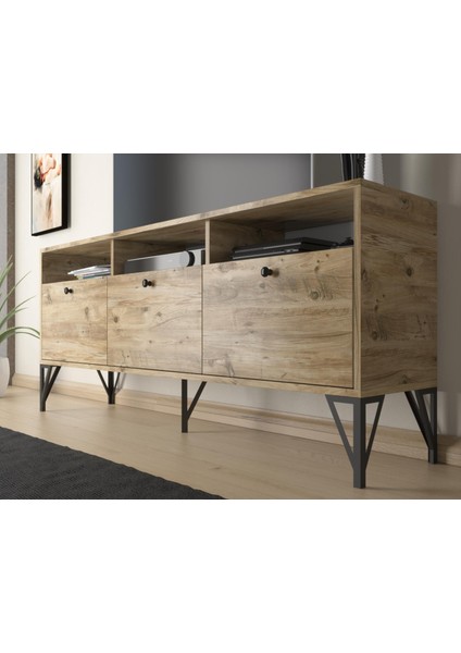 Rhea 160 cm Dolaplı, Minifiks Bağlantı, Geniş Tv Ünitesi - Konsol - Atlantik Çam / Siyah