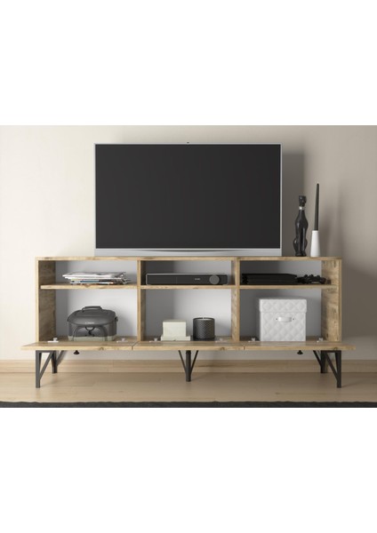 Rhea 160 cm Dolaplı, Minifiks Bağlantı, Geniş Tv Ünitesi - Konsol - Atlantik Çam / Siyah