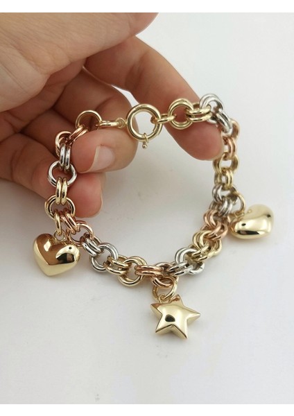 14 Ayar Altın Kalp ve Yıldız Charmlı Bileklik Özel Tasarım - 18.30 Gram ABYBLK0126 fırsatları