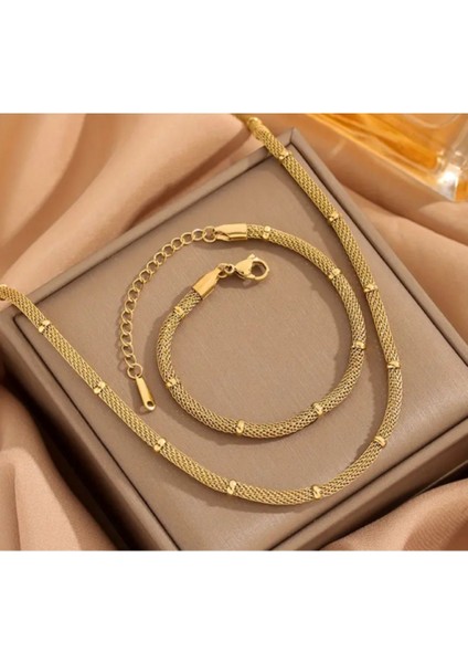 SE Jewellery Gold Dorikalı Hasır Zincir Kolye Bileklik Set