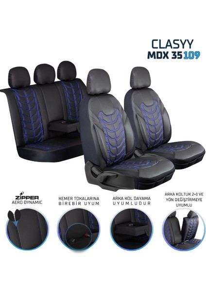 suzuki Swift Uyumlu Full Deri Oto Koltuk Kılıfı Ön Arka Set Classy Model Siyah Mavi Sc
