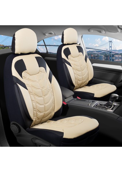 Fiat Egea Cross Uyumlu Full Deri Oto Koltuk Kılıfı Ön Arka Set Classy Model Bej Siyah Sc