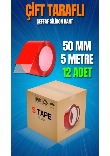 Çift Taraflı Bant 50mm x 5 Metre Şeffaf Silikon VHB Bant 12'li Koli