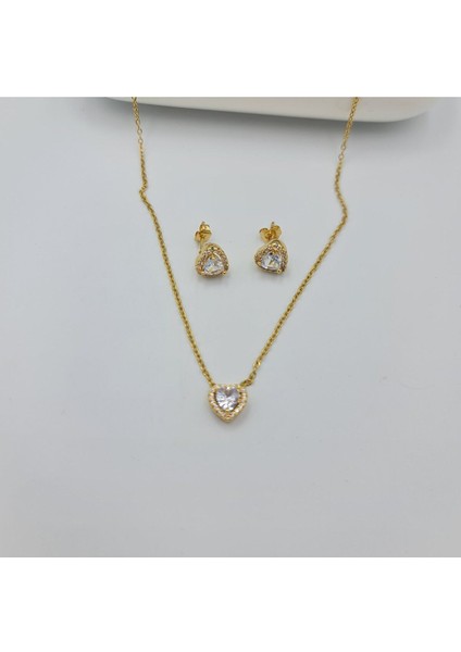 SE Jewellery Çelik Gold Mini Kalp Küpe Kolye Kadın Set