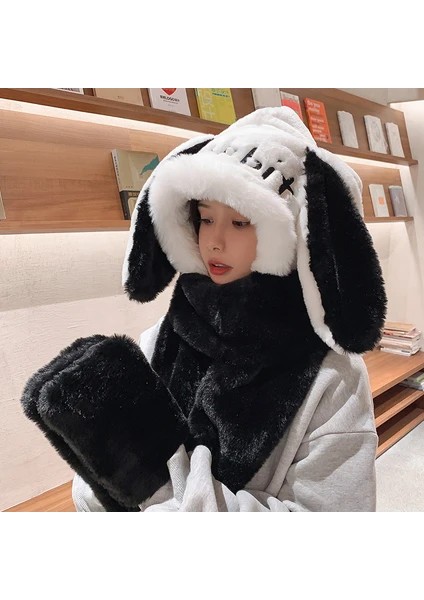 Kış Sıcak 3 Parçalı Şapka Seti Eşarp Eldiven Şapka Tavşan Kulakları Peluş Şapka (Yurt Dışından)