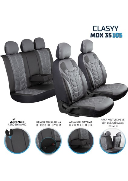 renault Megane 4 Hb Uyumlu Full Deri Oto Koltuk Kılıfı Ön Arka Set Classy Model Gri Siyah Sc