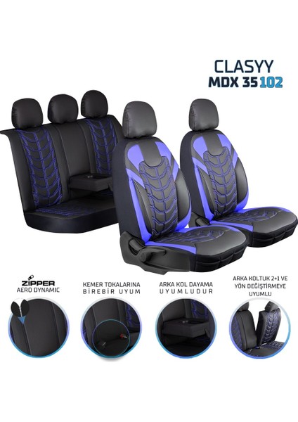 Mazda Cx5 Uyumlu Full Deri Oto Koltuk Kılıfı Ön Arka Set Classy Model Mavi Siyah Sc