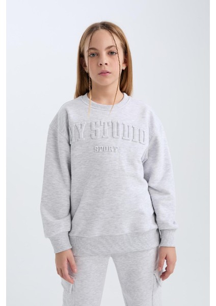 Kız Çocuk Gri Bisiklet Yaka Baskılı Sweatshirt D6628A824AU