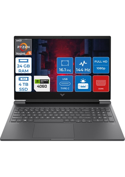 Victus 16-S0035NT Ryzen 5 7640HS 24GB Ddr5 4tb SSD 8GB/RTX4060/120W Windows 11 Pro 16.1" Fhd IPS 144Hz Taşınabilir Bilgisayar HP7Z5Z2EAP07 + Zettaçanta