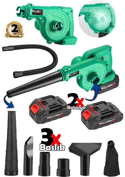 Çift Akülü Devir Ayarlı Şarjlı Hava Üfleme Çekme Toz Toplama Süpürge Makinesi + 3 Başlık