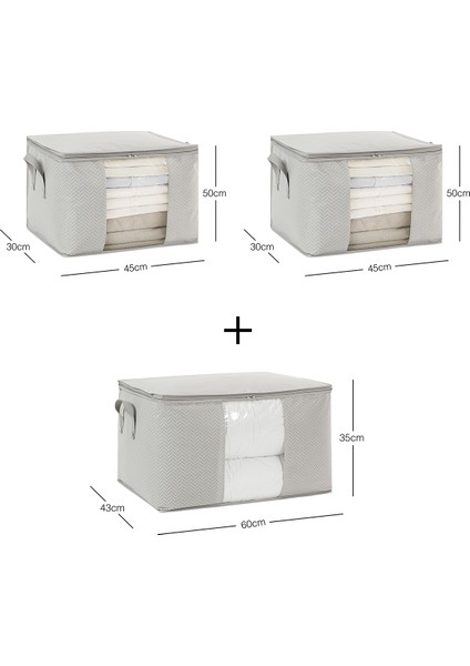 3'lü Pvc Pencereli Gri Balıksırtı Hurç Set 1 Adet 60 x 43 x 35 / 2 Adet 45 x 40 x 30 cm